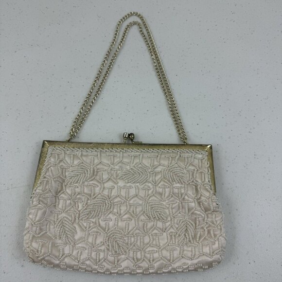 Vtg Mister Ernest Handbag Purse Clutch White Beaded Gold Clasp Gold Chain Prom - Picture 1 of 16
